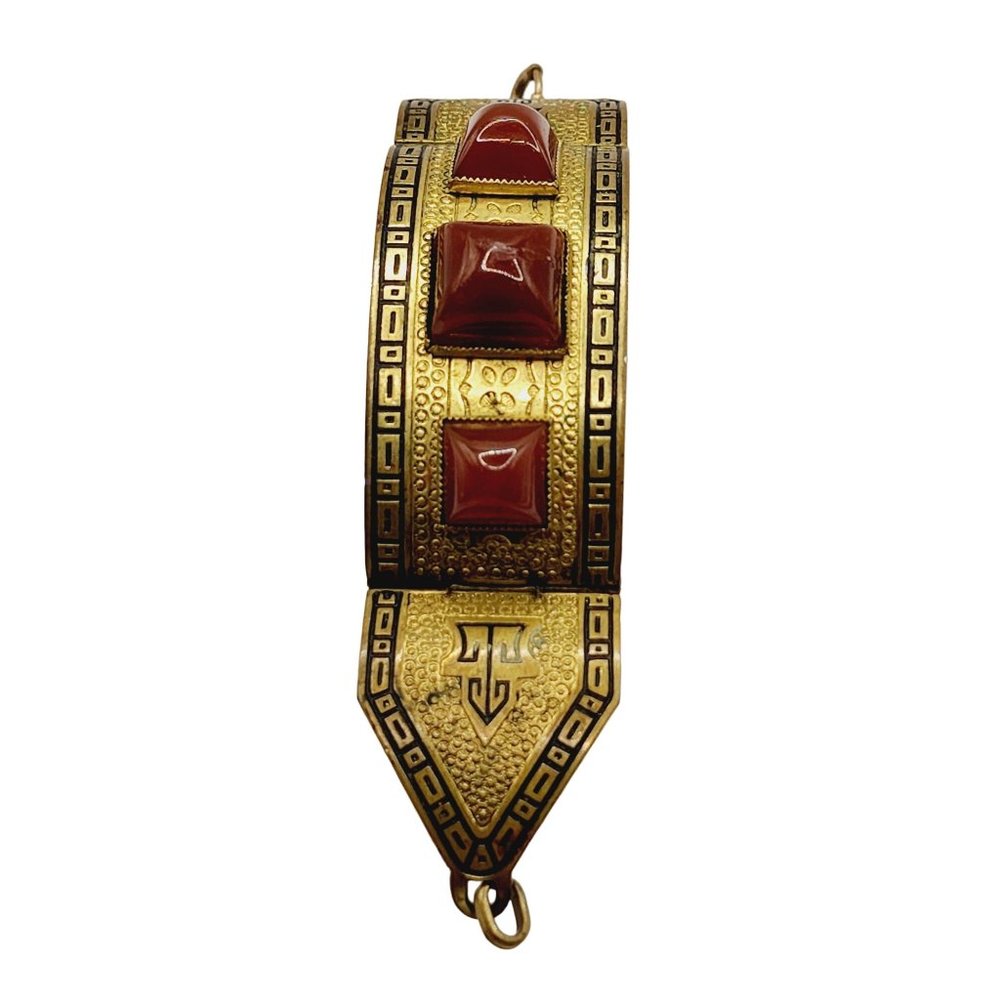 Antique Art Deco Brass Enamel & Carnelian Glass Bracelet (A544)